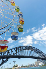 Ferris wheel Luna Park blue sky clouds harbour bridge Sydney Australia. Copyspace.