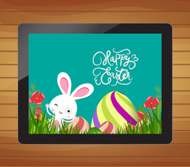Happy easter invitation with bunny, egg and floral on tablet
