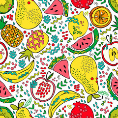 Bright summer fruit: watermelon, kiwi, apple, pear, orange, lemon, pomegranate, pineapple, banana. Seamless vector pattern (background). Fruit print.
