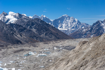 Khumbu glacier and Thamserku mountain peak, Everest region, Nepal