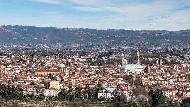 Vicenza skyline Timelapse. Panoramic view of historic Vicenza city center. 