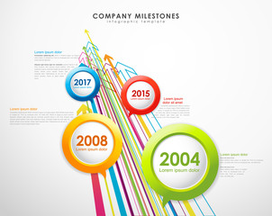 Infographic company milestones timeline vector template with arrows.