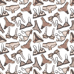Women underwear: panties and bra. Seamless vector pattern (background).