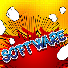 Software - Comic book style word on abstract background.