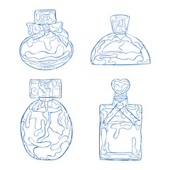 Perfume products. Perfumes and toilet waters. Isolated vector objects on white background.