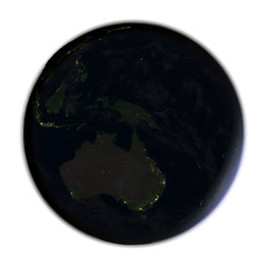 Australia on Earth at night isolated on white