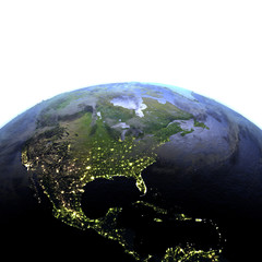 Central and North America at night on realistic model of Earth