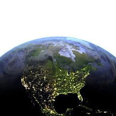 Fototapeta premium North America at night on realistic model of Earth