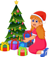 Obraz na płótnie Canvas funny girl cartoon with Christmas gift and Christmas tree