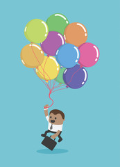 A black businessman flying with balloons Business idea concept. Vector