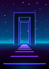 Neon 80s styled massive gate in retro game landscape with shiny road to the future