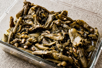 Turkish Food Broad Beans (bakla) with olive oil in glass bowl.