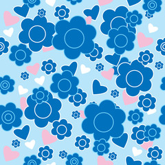 Floral seamless pattern with blue flowers and hearts