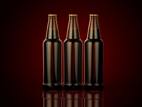 Bottles of beer on a red background. 3d illustration.