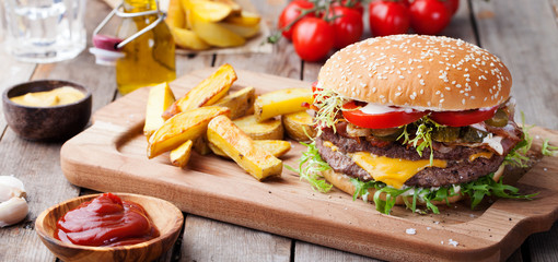 Burger, hamburger with french fries Cutting board. - 139899805