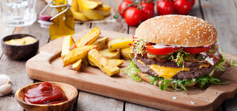 Burger, hamburger with french fries Cutting board.
