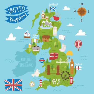 United kingdom great britain map travel city tourism transportation on blue ocean europe cartography and national landmark england famous flag vector illustration.