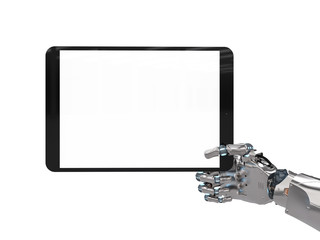 robotic hand holding blank screen