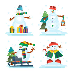 Winter holidays snowman cheerful character in cold season costume and snow xmas celebration greeting december joy ice icon vector illustration.