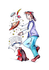 Watercolor illustration for children. A boy is playing with a spaceship. Bad evaluation in the school diary. Apprentice is a bully