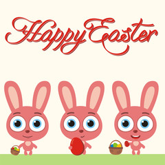 Happy Easter! Set funny bunny rabbit with eggs basket. Easter card with bunny rabbit in cartoon style.