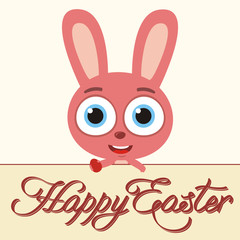 Happy Easter! Funny bunny rabbit with egg. Easter card with bunny rabbit in cartoon style.