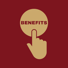 Hand pressing a button with the text BENEFITS icon. Profit, discount, bonus symbol. Flat design. Stock - Vector illustration