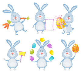 Set of cute Easter rabbits with Easter eggs and banners.
