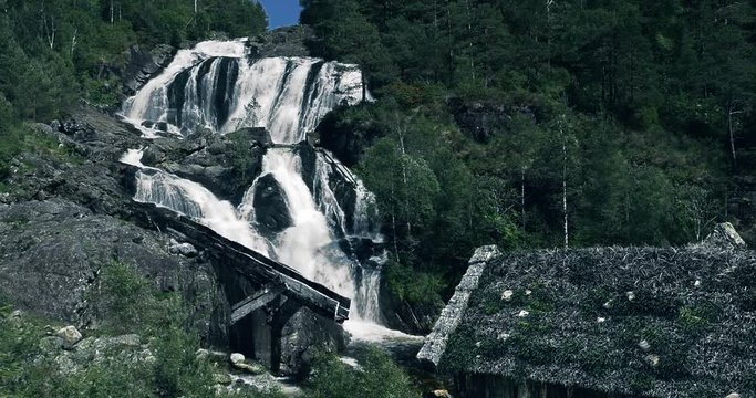 VFX Shot - Huge Waterfall With Ancient Hut In Front, Norway