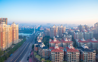 February 29, 2016 China: Guangzhou City Building in the morning, taken from a high angle