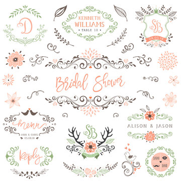 Hand drawn rustic Bridal Shower and Wedding collection with typographic design elements.