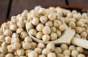 Chickpeas, chickpeas in a wooden spoon on a wooden plate