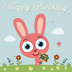 Happy birthday to you! Funny bunny rabbit with flowers. Birthday card with bunny rabbit in cartoon style.