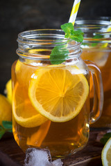 Iced tea with lemon. 