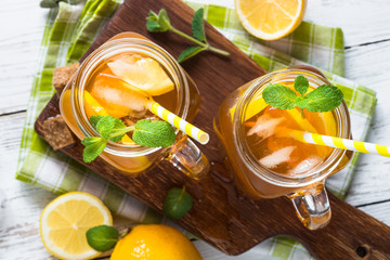 Iced tea with lemon. 