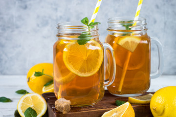 Iced tea with lemon. 
