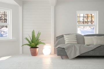 White room with sofa and winter landscape in window. Scandinavian interior design. 3D illustration