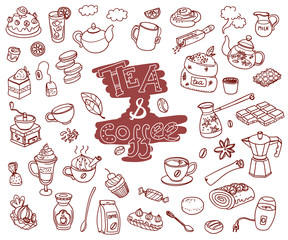Big vector collection of doodle tae and coffee. Equipment and de