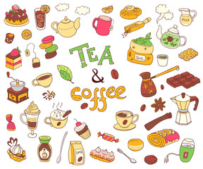 Big vector collection of doodle tae and coffee. Equipment and de