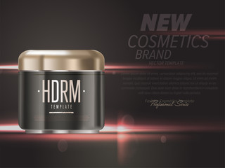 Realistic cosmetic cream gold and black container vector illustration. Fashion and beauty professional makeup promo, new cosmetic elegant brand template.