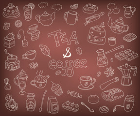 Big vector collection of doodle tae and coffee. Equipment and de