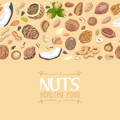 Horizontal seamless background with colored nuts and seeds