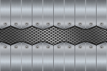 Metal background. Stainless steel plate screwed to perforated iron sheet