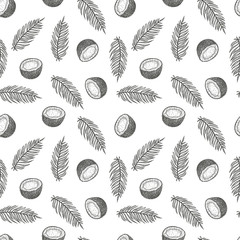 Hand drawn vector seamless pattern or background with coconut. Natural tropical food engraved vintage style illustration. Design for branding package, textile.