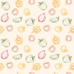 Hand drawn vector seamless pattern or background with sweet peppers. Natural eco food engraved vintage style illustration. Design farm market product.