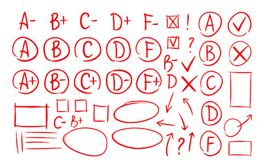 Hand drawn grade results, check marks set of icons. School, education, business symbol. Exam, examination, test vector illustration