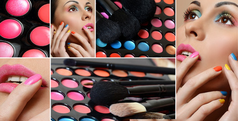 Beauty Girl Face with Colorful Nail polish. Colourful Studio Sho