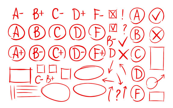 Hand drawn grade results, check marks set of icons. School, education, business symbol. Exam, examination, test vector illustration