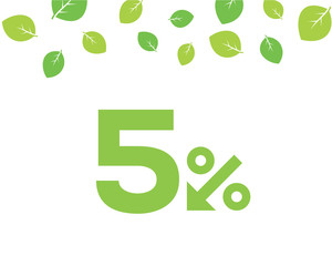 Vector green 5% text designed with an arrow percent icon on white background with leaves. For spring sale campaigns. 