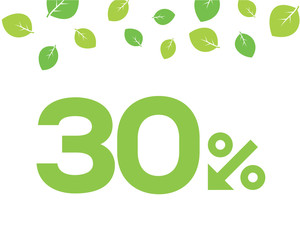 Vector green 30% text designed with an arrow percent icon on white background with leaves. For spring sale campaigns. 